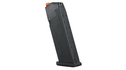 GLOCK Magazin G17, G34, G45 (G19, G26), 17 Schuss, 9 mm Luger, schwarz, Zubringer orange, erweiterter Magazinboden